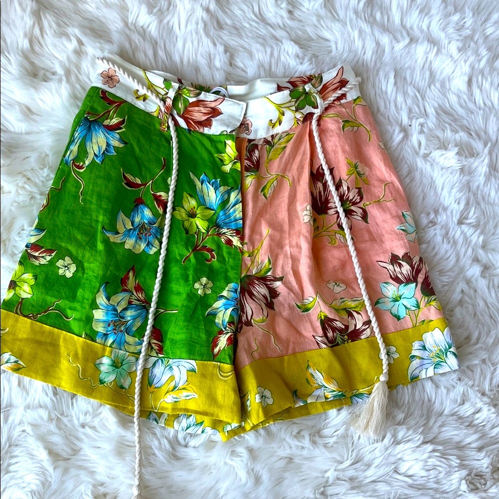 New Magaschoni Floral Green and Pink Linen Shorts size 4